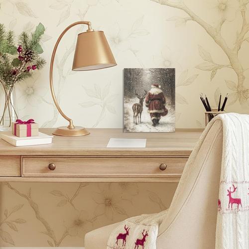 FGFK Vintage Christmas Reindeer and Santa Wall Art Decor Framed, Holiday Winter Christmas Decor, Rustic Xmas Snowy Forest Canvas Prints Poster Wall Decorations for Home Bedroom Living Room, 8x10 Inch