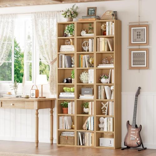 FOTOSOK 8-Tier Media Tower Rack, 11.6 X 9.3 X 71 Inches CD DVD Slim Storage Cabinet with Adjustable Shelves, Tall Narrow Bookcase Display Bookshelf for Home Office, Natural