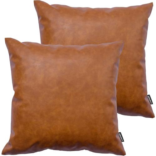 Faux Leather Throw Pillow Covers 22x22 inch, Set of 2 Thick Cognac Brown Modern Solid Decorative Square Minimalist Cushion Cases for Couch Bed Sofa
