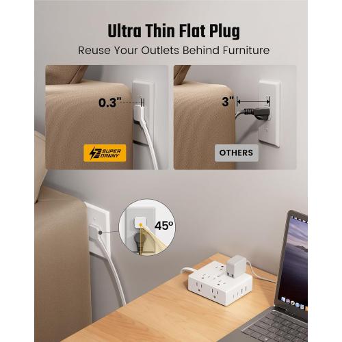 10Ft Extension Cord with Multiple Outlets, Flat Plug Surge Protector Power Strip 10 Ft Long Cord, 8 Outlets & 4 USB Ports (2 USB C), Desk Charging Station for Home Office, College Dorm Room Essentials