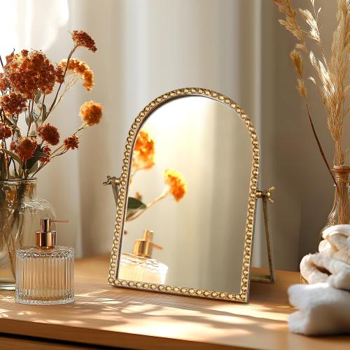 Vintage Desk Makeup Mirror, 11.8 L x 7.9 W Antique Gold Vanity Table Mirror, Metal Framed Arched Small Standing Mirrors with Beaded, 360 Adjustable Rotation for Tabletop, Bedroom