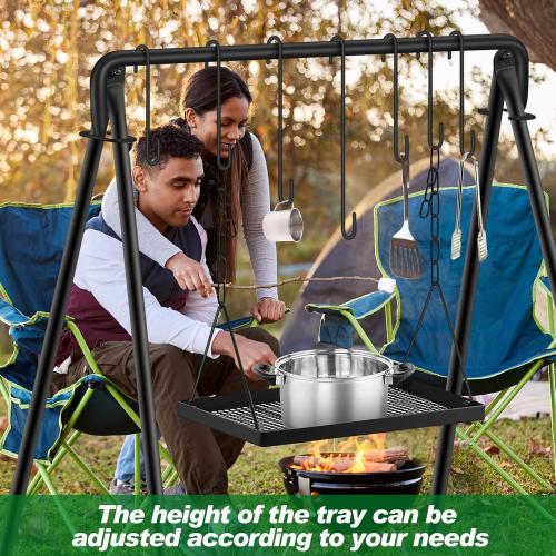 Campfire Swing Grill Stand Adjustable Grill Cooking Stand Hanging Rack with 8 Hooks and Accessories Campfire Cooking Equipment for BBQ Picnic Outdoor Party(Normal Tray)