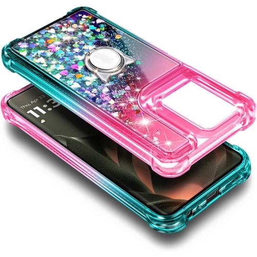 Missing - strap    Compatible with Motorola Edge-2025 Case Pink/Aqua | Bling Sparkly Glitter Floating Liquid Waterfall Cute Phone Cover for Women Girls Kids with Ring Holder Grip Missing - Diamond Wrist Strap Lanyard