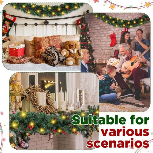 26ft Christmas Light Garland with 100 LED Battery Operated Pine Cones Red Berries Long Thick Outdoor Christmas Lighted Garland Artificial Xmas Decorations for Door Stairs Railing Fireplace