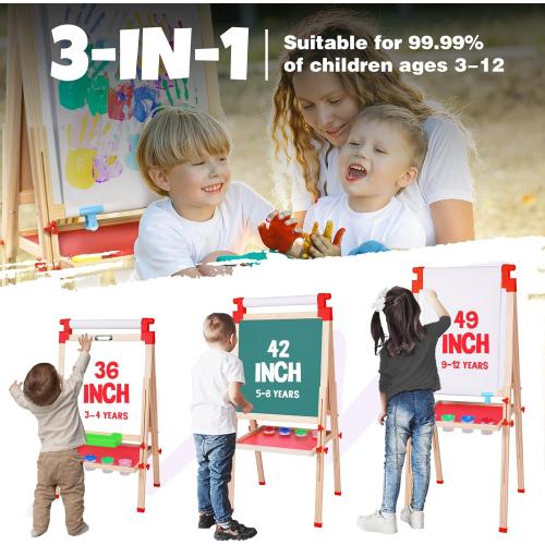 JOYOOSS Kids Wooden Easel with Paper Roll - Adjustable Magnetic Double Sided Drawing Board Whiteboard & Chalkboard Dry Easel Board,Children Art Easel for 3~12 Years Kids Boys Girls Painting Drawing