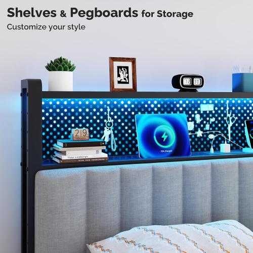 VINGLI Full Size Headboard Only, Upholstered Head Board with 2 Tier Shelves and Pegboard with Charging Stations and LED Lights, Modern Bed Headboard with Storage for Bedroom Decor, Linen Gray