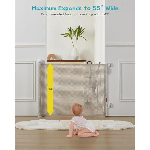 Retractable Baby Gate, Exquisite Rattan Mesh, 33 Tall, Expands to 55 Wide, Dog Gate for Stairs, Doorway, Hallway, Indoor/Outdoor Pet Fence, Walk-Through Design with No Bottom Bar, Beige
