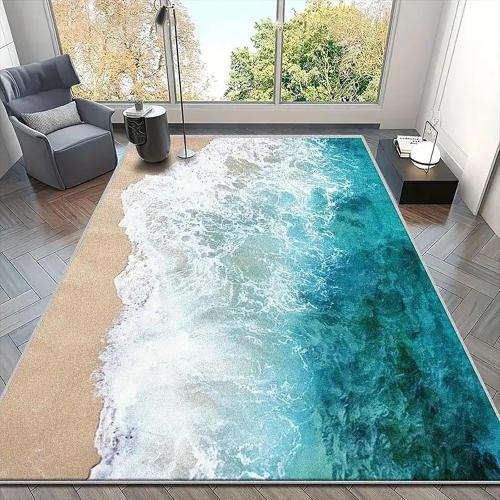 3D Visual Blue Ocean Waves Rug, Large Sea Wave Area Rugs for Bedroom, Cute Beach Design Carpet Non-Slip Sofa Mat (Ocean Waves)