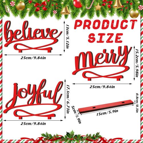 Kathfly 3 Pcs Christmas Tabletop Word Sign Believe Joyful Merry Xmas Mantle Decor Freestanding Christmas Mantle Sign Xmas Wood Cutouts Table Plate Rustic Ornaments for Home Office Decoration(Red)