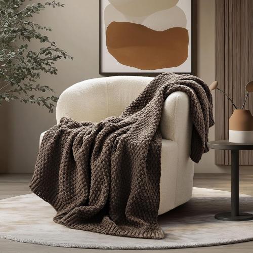 EVERGRACEHOME Chunky Chenille Knit Throw Blanket for Couch, Soft Luxurious Moss Stitch Blankets for Bed, Cozy Decorative Farmhouse Knitted Throws for Sofa, Cocoa Brown,