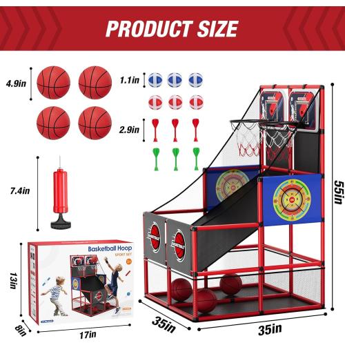 2 in 1 Dual Shot Basketball Arcade Game with 2 Dart Boards/Electronic Scoreboard/LED Light, Kids Basketball Hoop for Home Indoor Outdoor, Sport Toys Gifts for Boys Girls