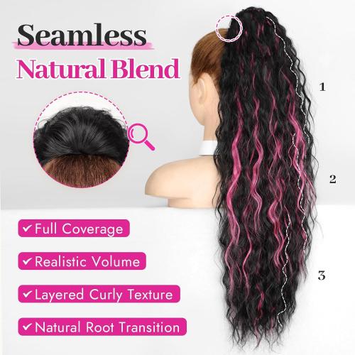Black Hot Pink Curly Synthetic Drawstring Ponytail Extension | Lightweight 160g Natural Looking Heat Resistant Wavy Hairpieces for Women Daily Use Party 30 Inch Black Hot Pink Highlights