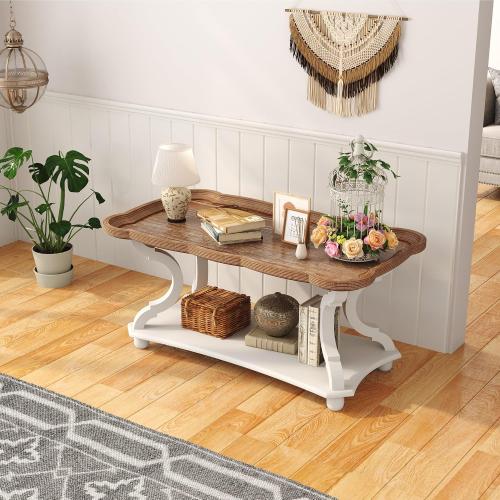 Function Home Farmhouse Coffee Table, 2-Tier Center Table with Storage Shelf, 39.8 French Country Rectangle Accent Table with Natural Tray Top and Curved Legs for Living Room Balcony, Vintage White