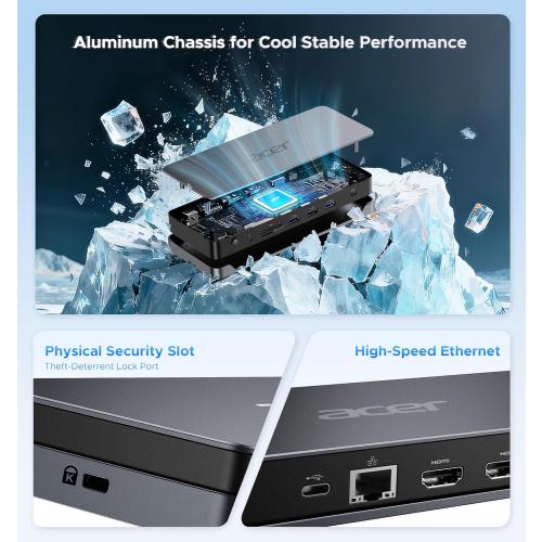Acer Premium 13-in-1 Docking Station with 110W PD & Triple Monitor Support | Dual 4K HDMI and DP,5Gbps USB A/C,Gigabit Ethernet,Security Lock | Laptop Docking Station for Windows/Dell/HP/Lenovo/Asus