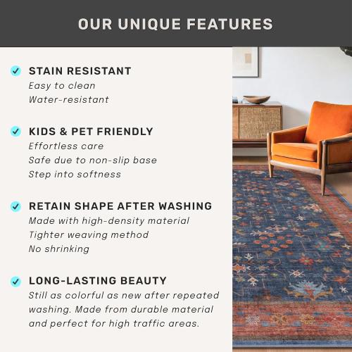 Large 3x5 Kitchen Rug Non Slip Machine Washable, Throw Rugs for Entryway Indoor, Floor Mat, Home Office Under Chair - Stain Resistant Non Skid Rubber Backing, Tribal Farmhouse Décor (3x5 Navy Blue)