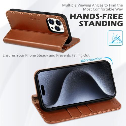 SHIELDON Case for iPhone 15 Pro Max 6.7, Genuine Leather Wallet Flip Magnetic Cover RFID Blocking Credit Card Holder Kickstand TPU Shockproof Case Compatible with iPhone 15 Pro Max 5G - Retro Brown