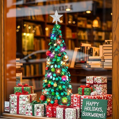 N&T NIETING Pop Up Christmas Tree with Lights, Collapsible Tinsel Xmas Tree Decorations, Pencil Christmas Tree Skinny Tree for Holiday Xmas Home Office Decor, 25 Balls, 3Ft, Peacock Blue