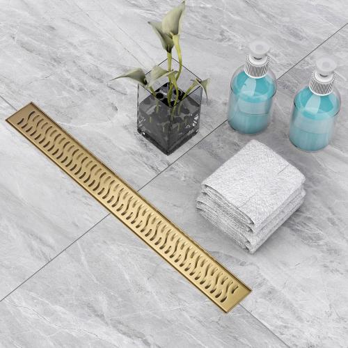 Linear Shower Drain 28 inch, Floor Drain with Removable Pattern Grate, 304 Stainless Steel Rectangular Linear Drain with Hair Strainer, CUPC Certified, Brushed Gold, SD-103
