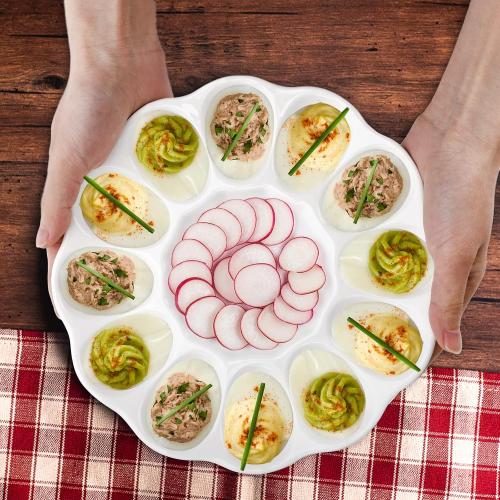Hedume 2-Pack Ceramic Deviled Egg Platter Tray, 12-Cup Egg Dish, Refrigerator to Countertop Display, Dishwasher, Microwave, Freezer Safe