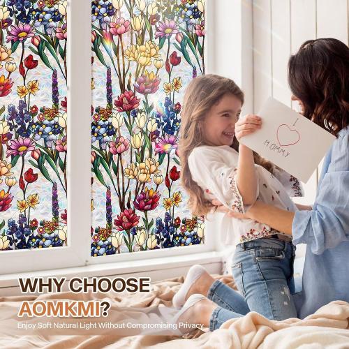 Stained Glass Window Film UV Resistant Window Privacy Film, Colorful Flowers Privacy Films Rainbow Decals Bathroom Bedroom Sun Blocking Decor Removable Static Cling Stickers 23 x 39.37 Inch