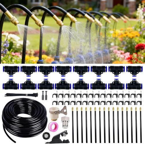 360° Adjustable Drip Irrigation System - 50FT 15/32 inch Hose | High Water Flow，No Drying Out，Garden Watering Atomizing System with 16 Copper Nozzles，suitable for gardens, patios, plants