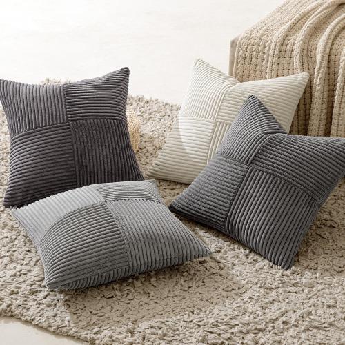 MIULEE Neutral Grey Decorative Throw Pillow Covers 18x18 Inch Set of 4 Modern Farmhouse Corduroy Cushion Cases Striped Patchwork Pillow Cases for Couch Sofa Bedroom Home Decor
