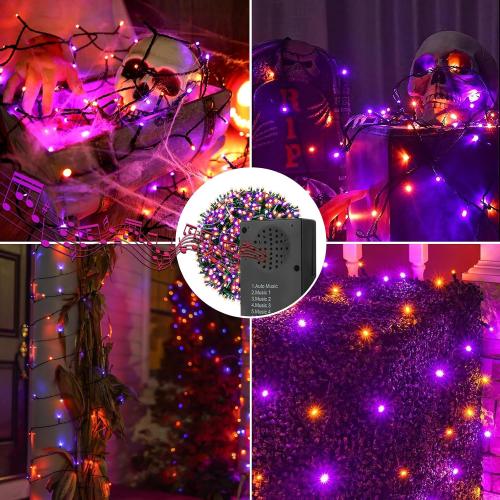 Battery Operated Halloween Lights with Motion Sensor Spooky Music or Battery Powered Orange & Purple 2 Colors in 1 Waterproof 33ft 100LED Halloween Indoor Outdoor Decor