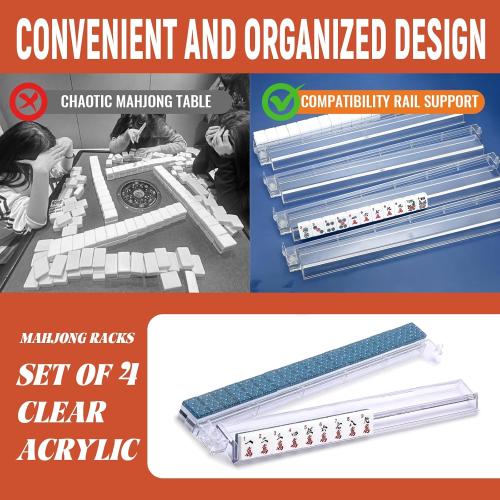 Mahjong All-in-One Tile Rack & Pusher, Clear Acrylic Mahjong Rack and Pusher Combo, Modern American Majiang Tile Racks Set of 4 (Clear)