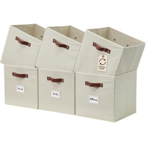 DECOMOMO Storage Bins, Cube Storage Bin with Labels, Fabric Storage Cubes for Shelves (10.5 x 11 / 6pcs, Beige)