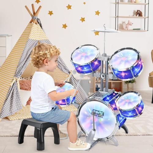 Upgraded Kids Drum Set for Toddlers w/ Light (All Plastic), Musical Gifts Toys for Boys Girls, Kids Jazz Drum Kit for Beginner Music Practice, Christmas Birthday Gift