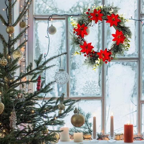 14 Inch Christmas Wreath Poinsettias Artificial Flowers Wreath for Front Door Home Wall Window Christmas Winter Holiday Decoration