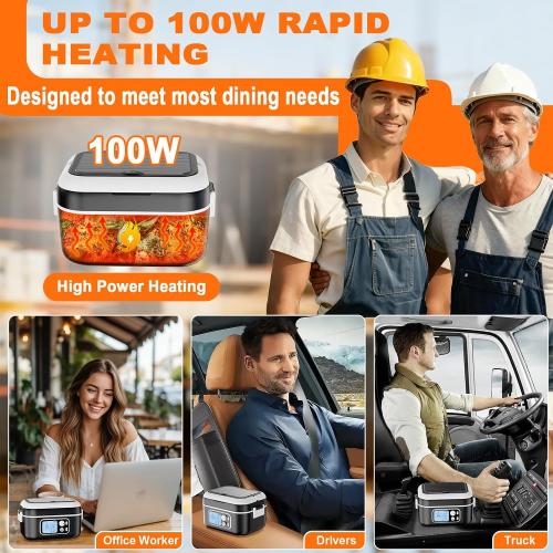 6.3-Cup Cordless Electric Lunch Box for Adults, 27000mAh Heated Lunch Box For Men Battery Powered with Automatic Heating, 100W Self-Heating Portable Food Warmer for Hot Meals Anywhere, Black