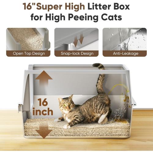 16 High Sides Stainless Steel Litter Box with Lid, XL XXL Extra Large Enclosed Metal Litter Box for Big Cats & Kitty, Never Absorbs Odors, Non-Sticky, Anti-Urine Leakage, Easy Cleaning