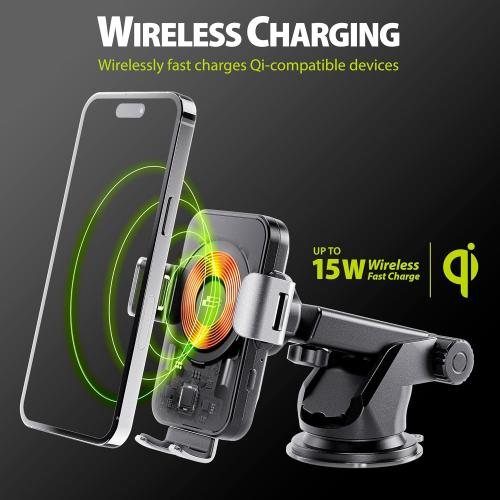 Bracketron PwrUp Auto 15W Qi Fast Wireless Charging Car Mount Dashboard Windshield Air Vent Cell Phone Charger Cellphone Holder Desk Night Stand