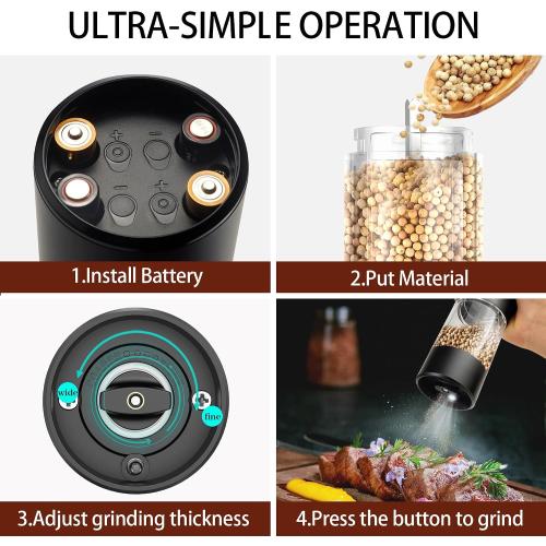 Electric Salt and Pepper Grinder Set, Automatic Mill, Adjustable Coarseness, LED Light - Convenient One-Hand Operation - Perfect for Kitchen and BBQ - Includes Salt and Pepper Shakers (2 Pack)