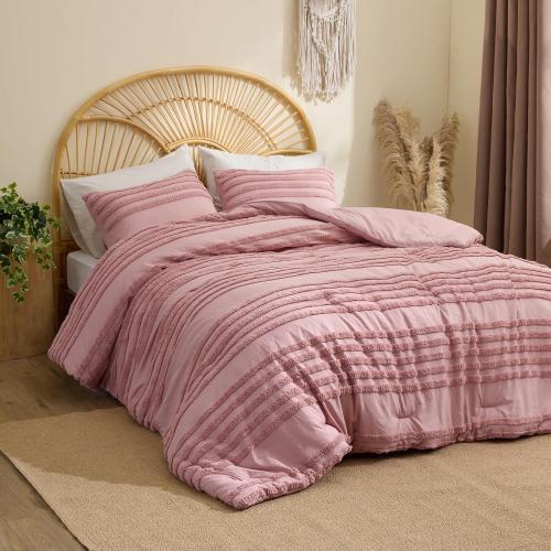 BEDELITE Boho Comforter Set Queen Size, Dusty Pink Tufted Striped Bed Set 3 Pieces, Soft Vintage Farmhouse Comforter for All Seasons, Boho Home Decor,Fluffy Jacquard Bedding with 2 Pillow Shams