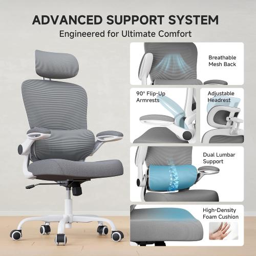 Ergonomic Office Chair, 330LBS Desk Chair with 3-Level Lumbar Support & Headrest, Breathable Mesh Backrest, Flip-Up Armrests for Home Office and Gaming, White