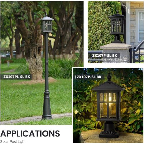 zeyu 19 Inch Solar Post Light with Pier Mount, Modern Large Solar Lamp Post Light for Patio with Remote Control, Die-Cast Aluminum with Seeded Glass Shade, Black Finish, ZX107P-SL BK