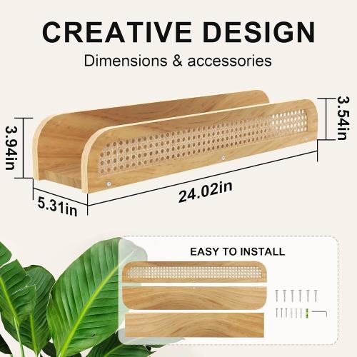 2pk Rattan Wall Shelf, Natural Boho Bookshelves for Wall, Modern Wooden Wicker Shelf, Cute Nursery Shelves, Floating Shelves for Kids Room, Living Room, Bedroom
