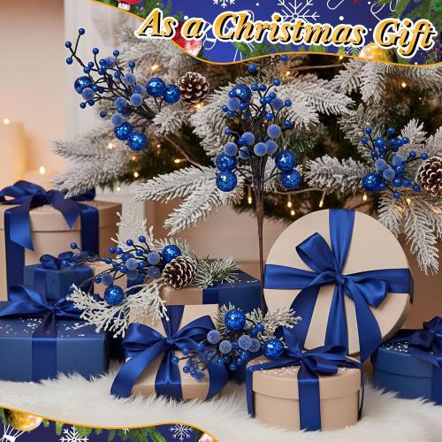 Syhood 12 Pack 11.8 Inch Valentines Glitter Holly Berries Stems Artificial Frosted Berries Picks for Christmas Tree Garland Wreaths Vase Fillers DIY Crafts Holiday Wedding Home Decor(Royal Blue)