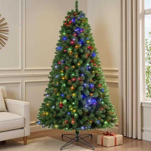 7.5 FT Pre-lit Christmas Tree Spruce with Remote Control, 350 Warm White Multi-Color Changing LED Lights, Artificial Hinged/Feel Real/Realistic for Home, Holiday Decoration Dual Color LED