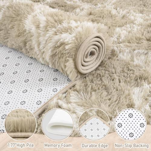 LOCHAS Luxury Shag Area Rug 8 x10 Feet Geometric Plush Fluffy Rugs, Extra Soft Carpet Moroccan Rugs for Bedroom Living Room Dorm Kids, High Pile Shaggy Floor Rug Decor, Beige/White