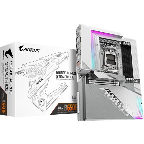 White GIGABYTE B650E AORUS Stealth ICE Motherboard - Supports AMD Ryzen 9000 CPUs- 12 2 2 Phases VRM- up to 8000MHz DDR5 (OC)- 1xPCIe 5.0 M2   3xPCIe 4.0 M.2- Wi-Fi 7-2.5GbE LAN- USB 3.2 Gen 2x2