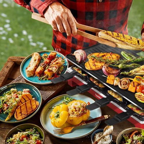 Raclette Table Grill, Techwood Electric Indoor Grill Korean BBQ Grill, Removable 2-in-1 Non-Stick Grill Plate, 1500W Fast Heating with 8 Cheese Melt Pans, Ideal for Parties and Family Fun
