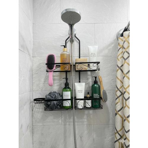 Adjustable Shower Caddy Hanging Rustproof Shower Caddy for Handheld Showerheads, Shower Organizer with Hooks Soap Holder Toothbrush Holder, Anti-Swing Shower Rack Bathroom Accessories, Black (Black)