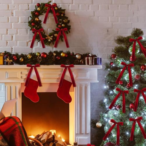 16 Pcs Vintage Christmas Tree Red Bow Ornaments with Clip Burgundy Clip Velvet Bows Ribbon with Easy 5.1x7.1 Inch Pre-Tied Small Ornaments for Xmas Decorations Wreath Gift Indoor Outdoor