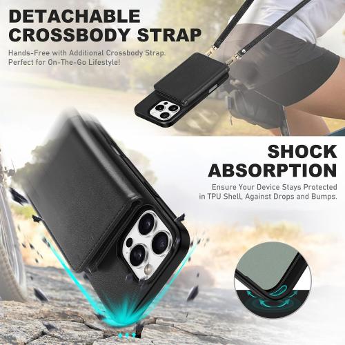 TUCCH Crossbody Wallet Case for iPhone 16 Pro (6.3), RFID Blocking [6 Card Slots][Detachable Adjustable Lanyard], Magnetic Flip Wallet PU Leather Shockproof Phone Cover for iPhone 16 Pro, Black