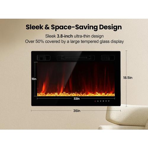 Electric Fireplace Insert 36 Realsmart 1500W Wall Mounted Fireplaces Recessed Heaters Remote Control Slim Black Fireplace Touch Screen Timer 12 Flame Colors LED Decor Low Noise