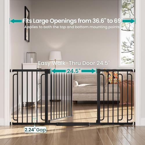 Cumbor Extra Wide Baby Gate, 36.6-69 Walk-Through Dog Gate for Stairs, Doorways & Hallways, 30.5“ Tall, Auto-Close & Dual-Swing Safety Child Gate Indoor, Easy Install Pressure-Mounted Pet Gate, Black