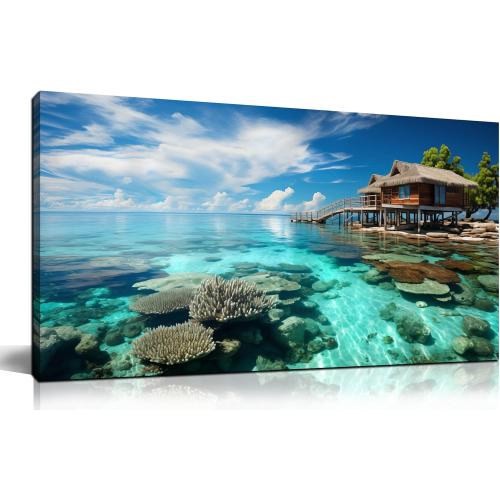 Ocean Scenic Canvas Wall Art, Blue Seascape Wall-Decor Picture , Ocean Scenery Canvas Decoration, Coastal Landscape Print Decorative Artwork for Home living Room Bedroom and Office, large